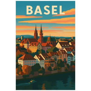 Vintage Poster Basel – Retro Art Deco Poster Switzerland, Old Town and Cathedral