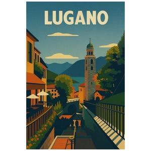 Vintage Lugano Poster – Retro Art Deco Poster, Swiss City Wall Decor