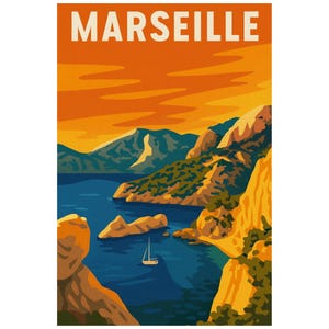 Vintage Marseille Calanques Poster – Retro Art Deco Style Poster – Mediterranean Travel Poster Illustration Wall Decoration