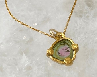 READY TO SHIP, 22K Gold Watermelon Tourmaline Pendant Necklace