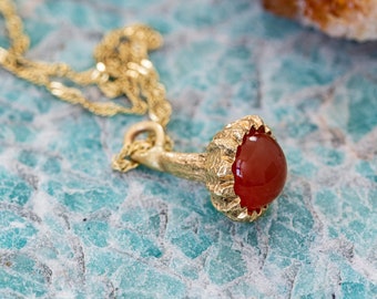 Carnelian Seed Pod Pendant Necklace, Inspired By Nature, Gold Seed Pod, Nature Lover Jewellery, Cabochon Carnelian Pendant