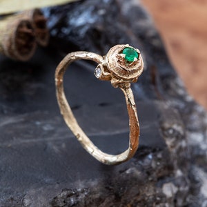 READY TO SHIP, Emerald Diamond Tall Seed Pod Ring, Rough Cut Diamonds, Organic Gold Ring, Emerald Gold Ring, Diamond Gold Ring image 1