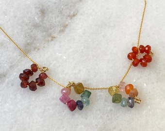 READY TO SHIP, Gem Stones Hoops Necklace, Tourmaline Pendant, Garnet Pendant, Carnelian Pendant, Delicate Gold Necklace