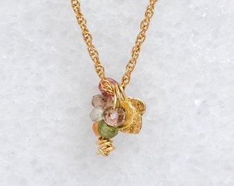 READY TO SHIP, Dainty Gold Necklace, Hammered Gold, Solid Gold Necklace, Tiny Gold Necklace, Tourmaline Pendant, October Birthstone