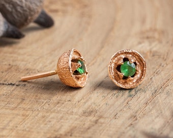 Emerald Studs, Gold Stud Earrings, Emerald Earrings, May Birthstone, 14k Gold Earrings, Solid Gold studs, Summer Jewelry, Nature Inspired