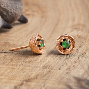 Emerald Studs, Gold Stud Earrings, Emerald Earrings, May Birthstone, 14k Gold Earrings, Solid Gold studs, Summer Jewelry, Nature Inspired
