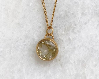 READY TO SHIP, Round Gold Pendant, Rutile Quartz Pendant, Birthstone Pendant, Aprile Birthstone, Round Pendant, Solid Gold Pendant