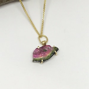 SOFORT LIEFERBAR, 14k Gold Wassermelonen-Turmalin Anhänger Halskette