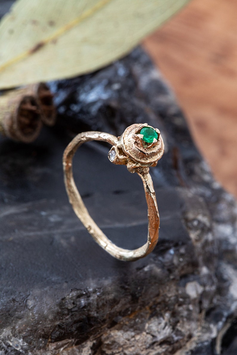 READY TO SHIP, Emerald Diamond Tall Seed Pod Ring, Rough Cut Diamonds, Organic Gold Ring, Emerald Gold Ring, Diamond Gold Ring image 1