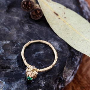 READY TO SHIP, Emerald Diamond Tall Seed Pod Ring, Rough Cut Diamonds, Organic Gold Ring, Emerald Gold Ring, Diamond Gold Ring image 2