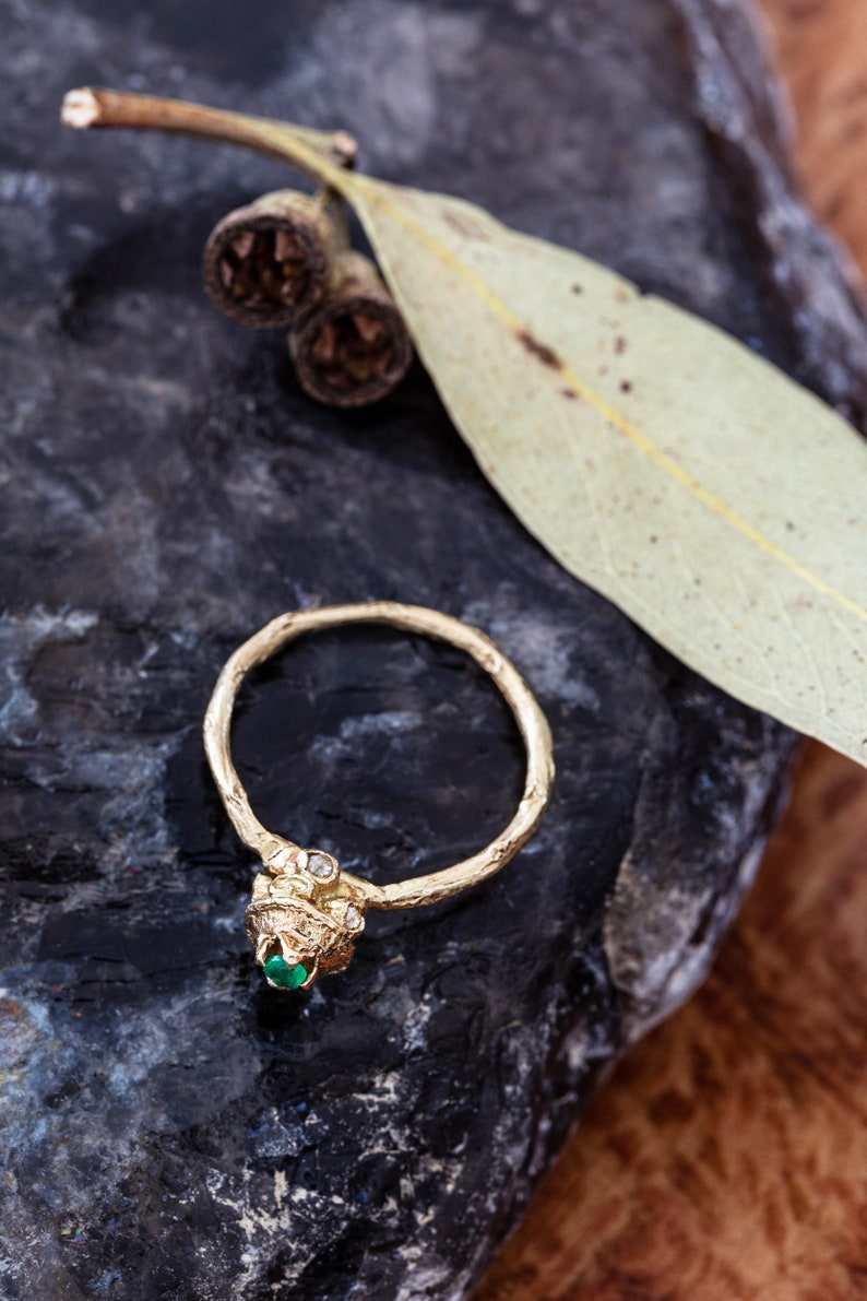 READY TO SHIP, Emerald Diamond Tall Seed Pod Ring, Rough Cut Diamonds, Organic Gold Ring, Emerald Gold Ring, Diamond Gold Ring image 2