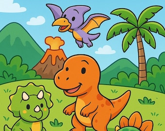 Pode incluir: Ilustração colorida da capa de um "BABY DINO COLORING BOOK". A imagem apresenta dinossauros de desenho animado em laranja e verde, um pterodáctilo roxo, um vulcão e uma palmeira em um fundo de céu azul.