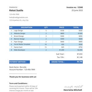 May include: An invoice from Studio Shodwe Creative Agency, featuring a blue and white design. The document details services like Logo Design and Website Design. The total amount due is £7,248.33, approximately.