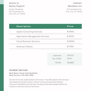 May include: A business invoice with the word "INVOICE" at the top. The invoice includes details such as invoice number, due date, company and client information, a description of services, and a total amount due.