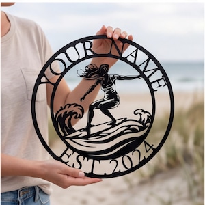 Personalized Surfing Metal Wall Art, Custom Lake House Sign, Surfer Silhouette Decor, Sport Enthusiast Gift, Ocean Wave Name Plaque