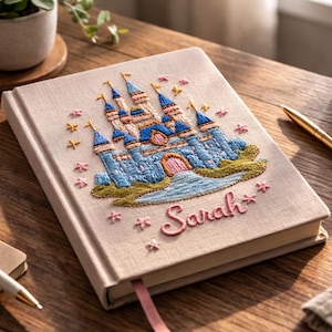 Livre souvenir personnalisé du château de conte de fées - Carnet de notes en lin brodé - Cadeau prénom personnalisé