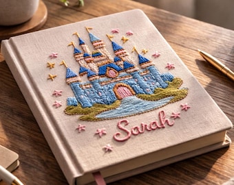 Personalized Fairytale Castle Keepsake Book – Embroidered Linen Notebook – Custom Name Gift