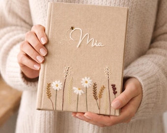 Personalized Linen Fabric Floral Embroidered Memory Journal | Custom Name Hand Embroidery Diary,Mother’s Day Gift