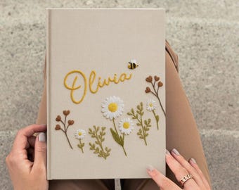 Personalized Embroidered Linen Journal, Floral Handmade Notebook,Mother’s Day Gift