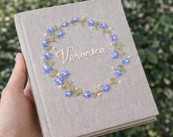 Hand Embroidered Floral Linen Notebook, Personalized Hardcover Journal,Mother’s Day Gift