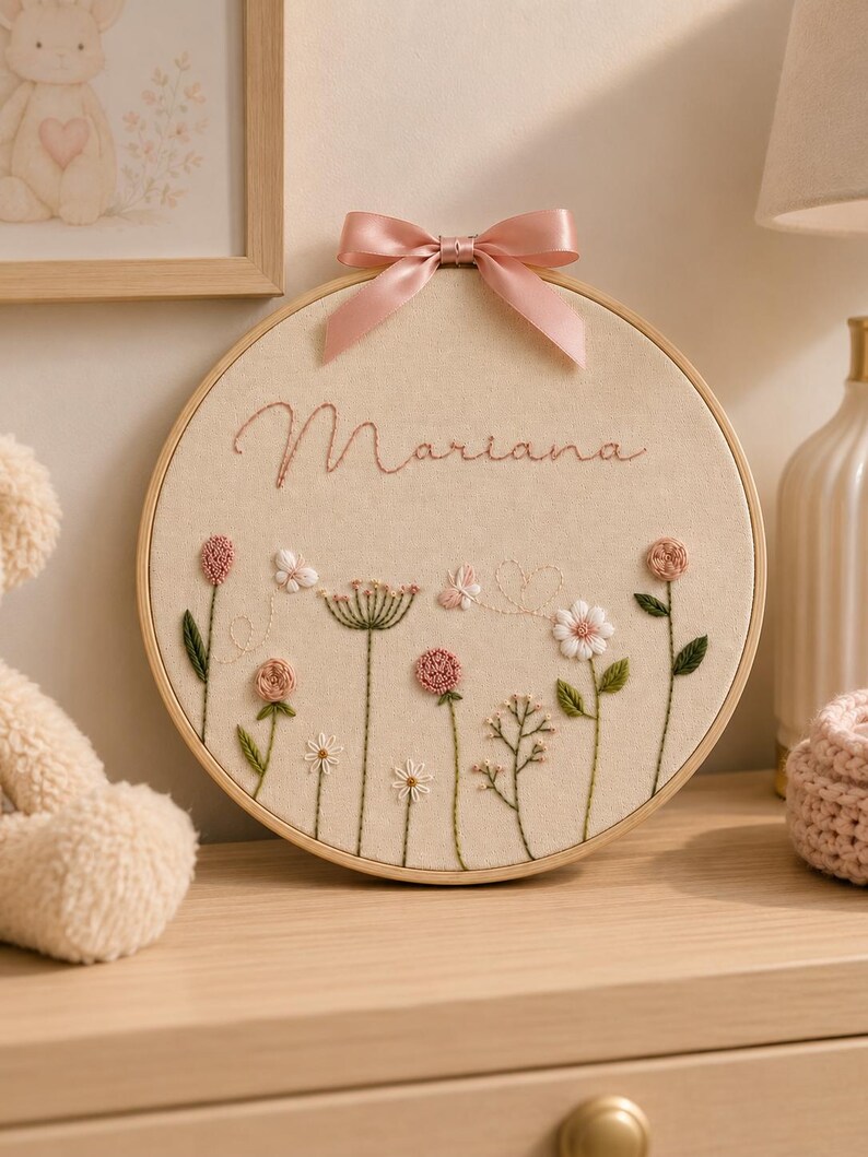 May include: A circular wooden embroidery hoop containing beige fabric with the name Mariana stitched in pink cursive thread. The design features various embroidered wildflowers in shades of pink, white, and green, accented by a pink satin ribbon bow.