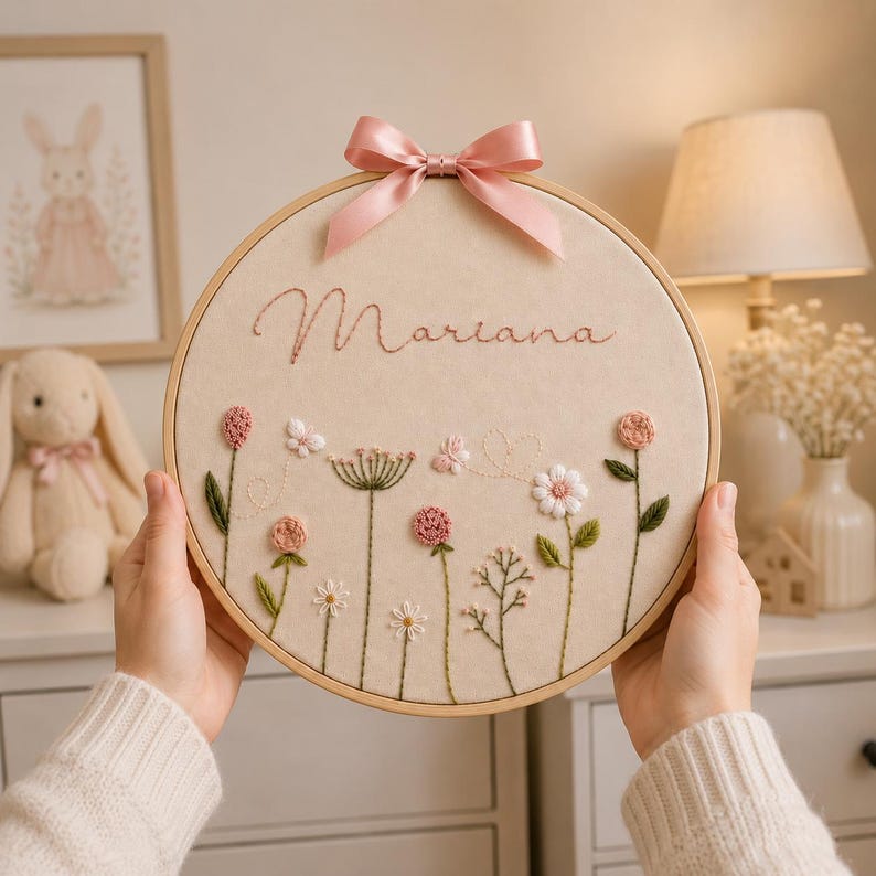 May include: A circular wooden embroidery hoop featuring a beige fabric background with the name Mariana stitched in pink thread. The design includes embroidered pink and white flowers, green stems, and small butterflies, topped with a pink satin bow.