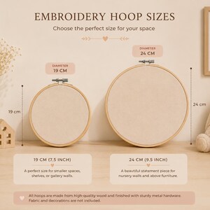 May include: Two round wooden embroidery hoops with beige fabric inserts. The smaller hoop has a 19 cm (7.5 inch) diameter, and the larger hoop has a 24 cm (9.5 inch) diameter. Each hoop features a metal tightening screw at the top center.