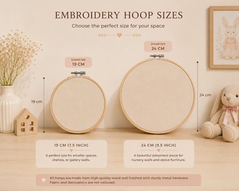 May include: Two round wooden embroidery hoops with beige fabric inserts. The smaller hoop has a 19 cm (7.5 inch) diameter, and the larger hoop has a 24 cm (9.5 inch) diameter. Each hoop features a metal tightening screw at the top center.