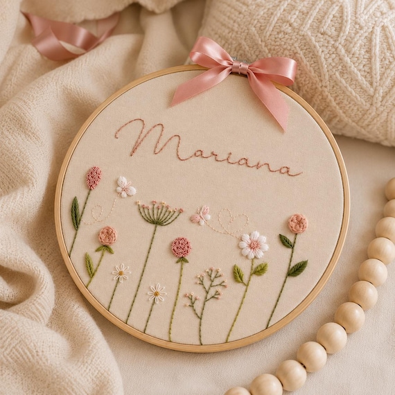 Personalized Floral Baby Keepsake Embroidery Hoop, Custom Nursery Wall Decor, Floral Name Sign, Baby Girl Room Decor, Baby Shower Gift,