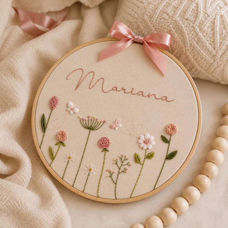 May include: A circular wooden embroidery hoop containing beige fabric with the name Mariana stitched in brown cursive script. The design features embroidered wildflowers in shades of pink, white, and green, accented by a pink satin ribbon bow at the top.