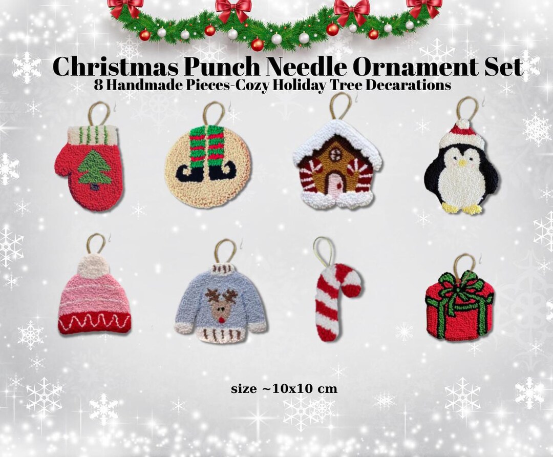 Christmas Punch Needle Ornament Set of 8– Handmade Holiday Decor – Cozy ...