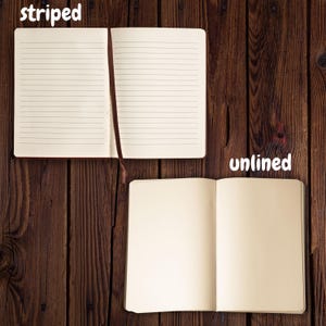 May include: Two open notebooks on a wooden surface. One notebook is open to lined pages, with the word "striped" above it. The other notebook is open to blank pages, with the word "unlined" above it. A brown ribbon bookmark is in the lined notebook.