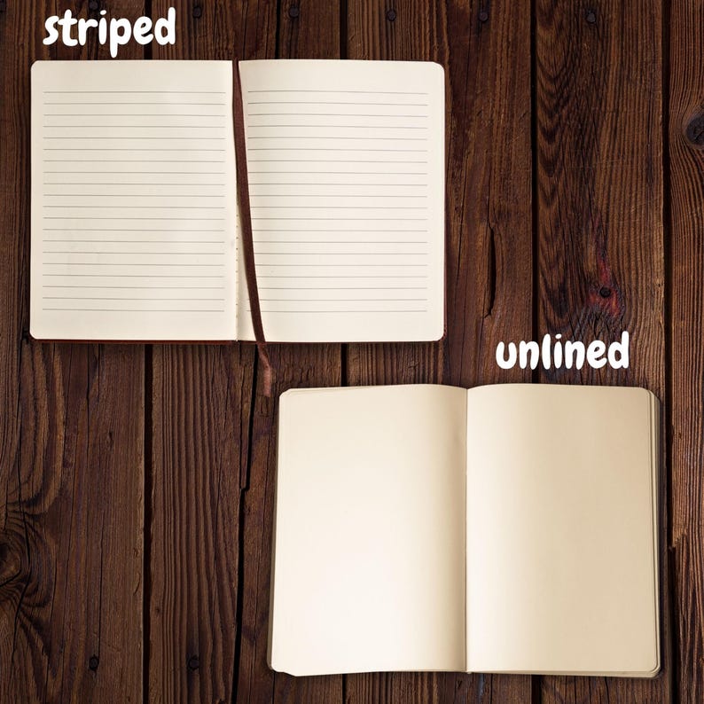 May include: Two open notebooks on a wooden surface. One notebook is open to lined pages, with the word "striped" above it. The other notebook is open to blank pages, with the word "unlined" above it. A brown ribbon bookmark is in the lined notebook.