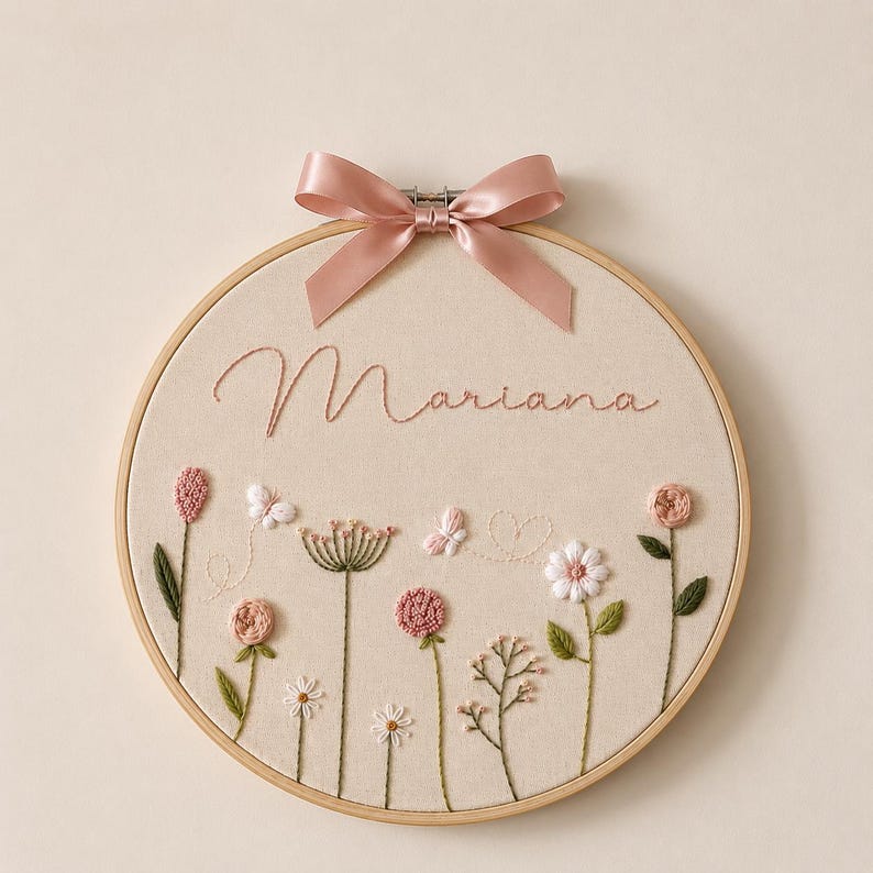 May include: A circular wooden embroidery hoop containing beige fabric with the name Mariana stitched in cursive. The design features embroidered pink and white flowers, green stems, and two small butterflies with a light pink satin ribbon bow.