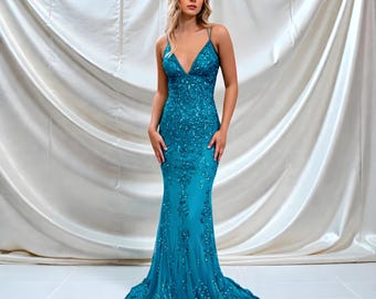 Blue Sequin V-Neck Mermaid Prom Dress Backless Lace Elegant Evening Gown