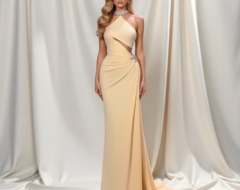 Customization Champagne Satin Party Dress | Halter Vintage Evening Gown | Beaded Sequin Pleated Formal Dress