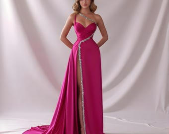 halston heritage pink one shoulder dress Halston Heritage Grecian One-shoulder Leg Slit Fuchsia Pink Evening Gown  Dress M