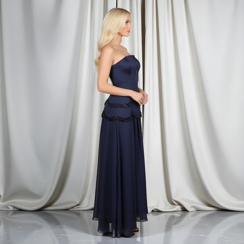 Navy Blue Strapless Beaded Prom Dress With Pleated Elegant Evening Gown ...