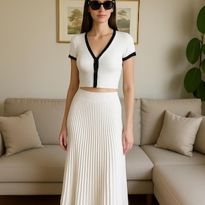 White Crop Top Skirt Set: Elegant Pleated Summer Outfit