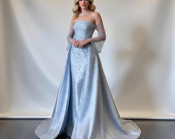 Customization Blue Satin Mermaid Prom Dress | Strapless Off-Shoulder Beaded Gown | Elegant Formal Dress