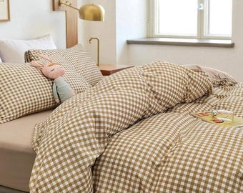 Ruffled Striped 100% Cotton Bedding Set: Beige Brown Duvet Cover and Pillowcases