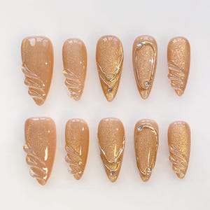 Champagne gold nails/Gold Cat Eye Press On Nails Long Almond Gel Nails Glue On Nails/False Nails/Birthday Wedding Nails/Gold Chrome nails
