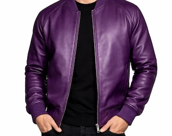 Mens Purple Leather Bomber Jacket -Ribbed Leather Collar and Cuff