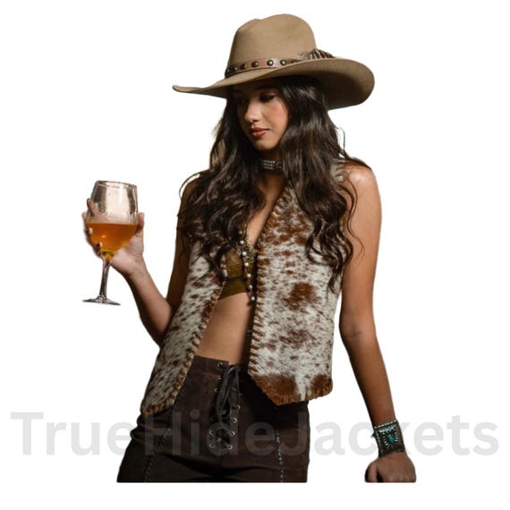Women’s Leather Vest – Genuine Hair-On Cowhide – Rustic Western Waistcoat – Boho Biker – Handcrafted Outerwear