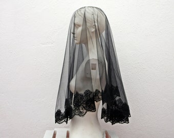 Black veil black lace veil goth bride veil funeral veil Spanish style veil mantilla negra velo negro embroidered veil gothic veil