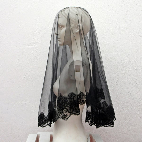 Black veil black lace veil goth bride veil funeral veil Spanish style veil mantilla negra velo negro embroidered veil gothic veil