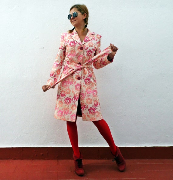 Pink trench coat pink coat brocade coat floral coa