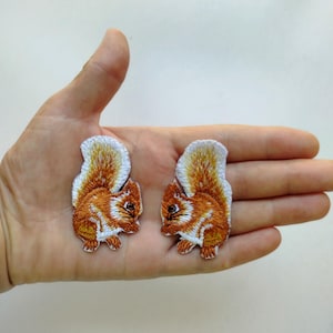 Peut inclure: Deux écussons brodés représentant des écureuils. Chaque écusson présente un motif détaillé avec du fil orange, marron et blanc. Les écureuils sont représentés de profil, avec des queues touffues et de petites pattes. Idéal pour ajouter une touche nature aux vêtements.