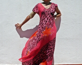 90s' Vintage Reversible Maxi Summer Dress: Pink Floral Animal Print Dress