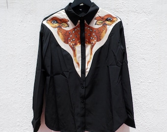 Bambi Blouse: Black Deer Novelty Top - Size 8-10 US